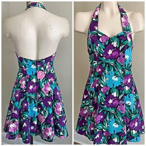 Vintage Joni Blair Floral Halter Mini Dress XS Tulle Skirt 80s 90s Style